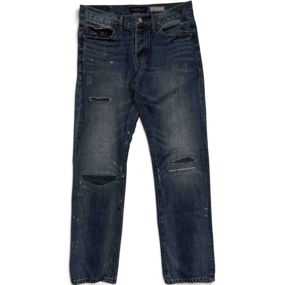 Aeropostale Mens Straight Jeans 29 x 32 Distressed Ripped Paint Splatter Blue